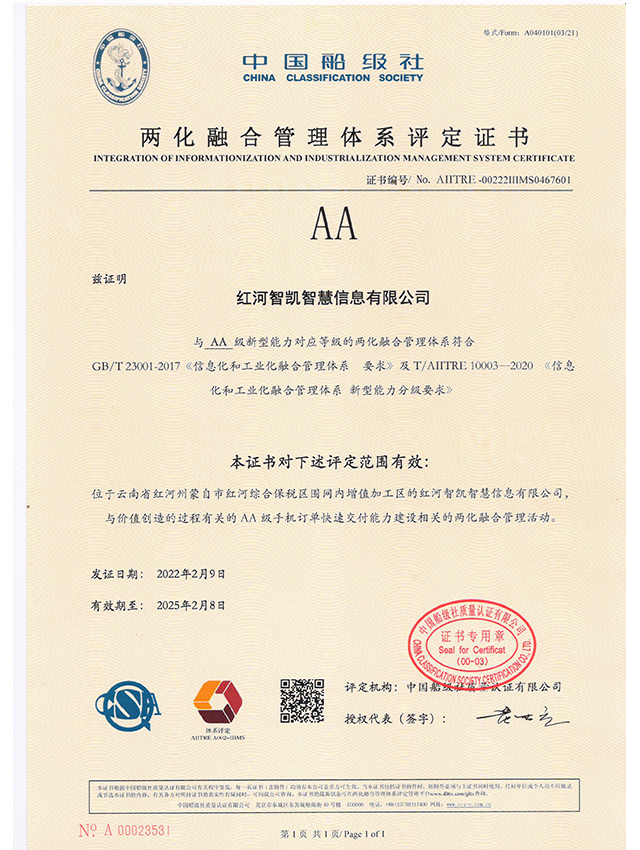 Integration of informatization and informatization assessment certificate